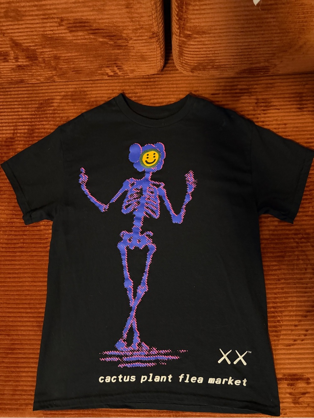 Cactus Plant Flea Market Black Tee with Purple Skeleton and Yellow Smiley
